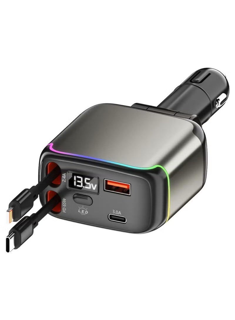 Retractable Car Charger for Cigarette Lighter, 137W Total Power Output PD 65W Fast Charging Car Charger, 90cm Retractable Lightning and Type-C Cables, USB-A and USB-C Port, Over-heating Protection, Cool Lighting, for iPhone Android Tablets and Other Devices - Image 1